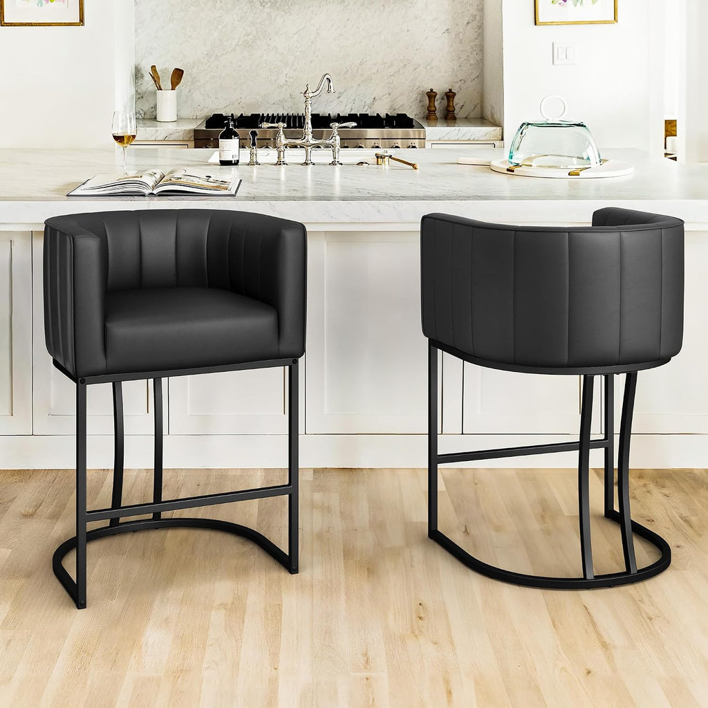 LUE BONA 26.4" H Counter Height Bar Stools Set of 2, Modern Barrel Counter Stools with Supporting Backrest and Arms, Black Metal Frame, Faux Leather Upholstered Barstools for Kitchen Islands, Black