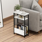 THUMEYE 7.1" Narrow Side Table for Small Spaces, 3 Tier Small End Table with Magazine Holder, Slim/Skinny Nightstand/Bedside Table for Living Room, Bedroom, 15.4" L x 24.2" H, Faux White Marble