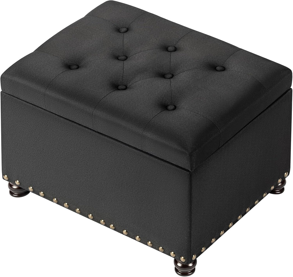 24" Storage Ottoman, Fabric Ottoman Foot Rest Stool with Hinged Lid, Tufted Rectangle Upholstered Footstool, Load Up to 350 lb, for Living Room, Bedroom, Dorm, Black