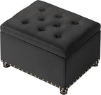 24" Storage Ottoman, Fabric Ottoman Foot Rest Stool with Hinged Lid, Tufted Rectangle Upholstered Footstool, Load Up to 350 lb, for Living Room, Bedroom, Dorm, Black