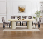 63"-94" Large Oval Extendable Dining Table for 6 8 10, Faux Travertine Expandable Kitchen Table with 2 Storage Base & Sliding Doors, Modern Farmhouse Dining Table for Dinner Party Family Gathering