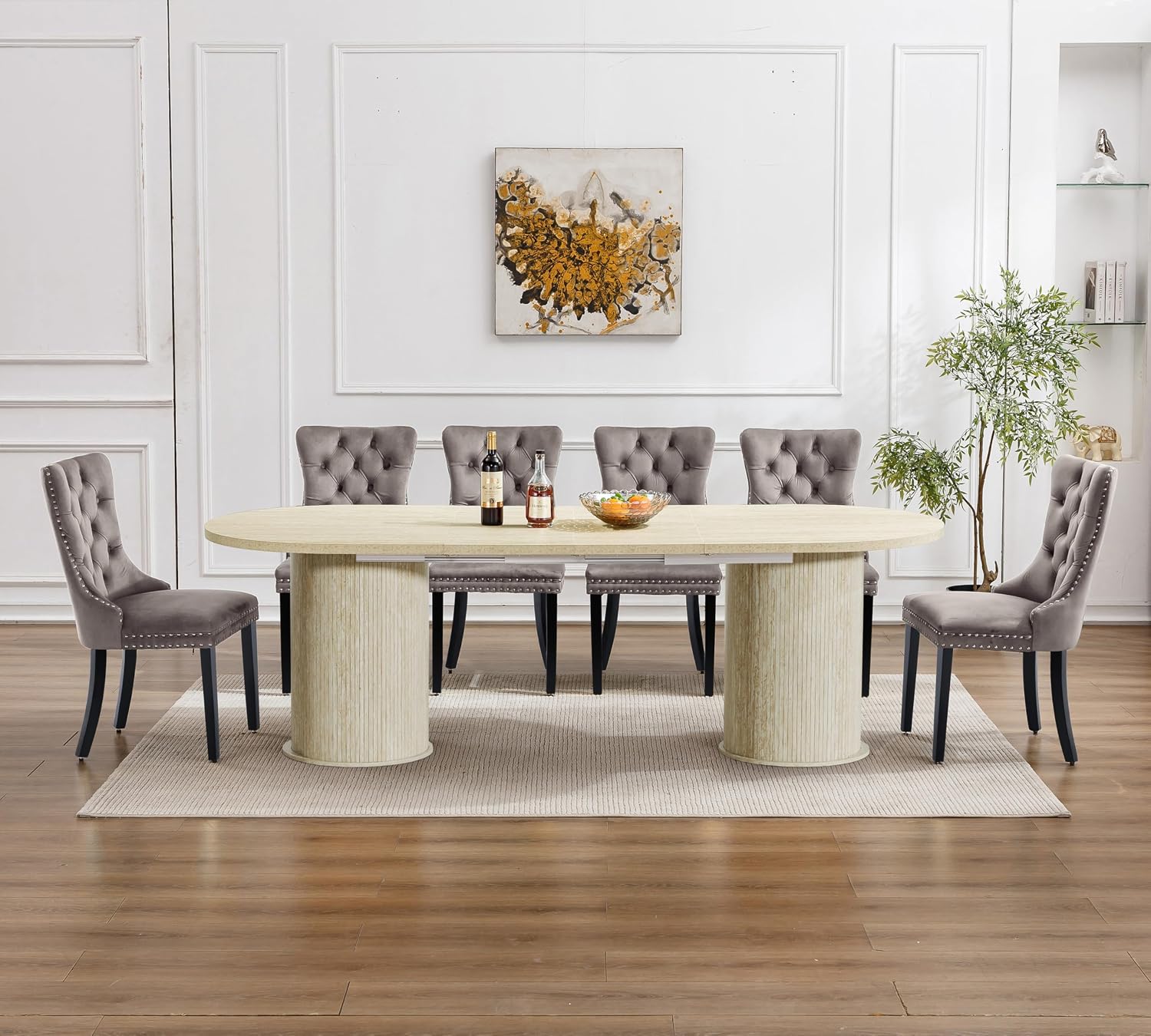 63"-94" Large Oval Extendable Dining Table for 6 8 10, Faux Travertine Expandable Kitchen Table with 2 Storage Base & Sliding Doors, Modern Farmhouse Dining Table for Dinner Party Family Gathering
