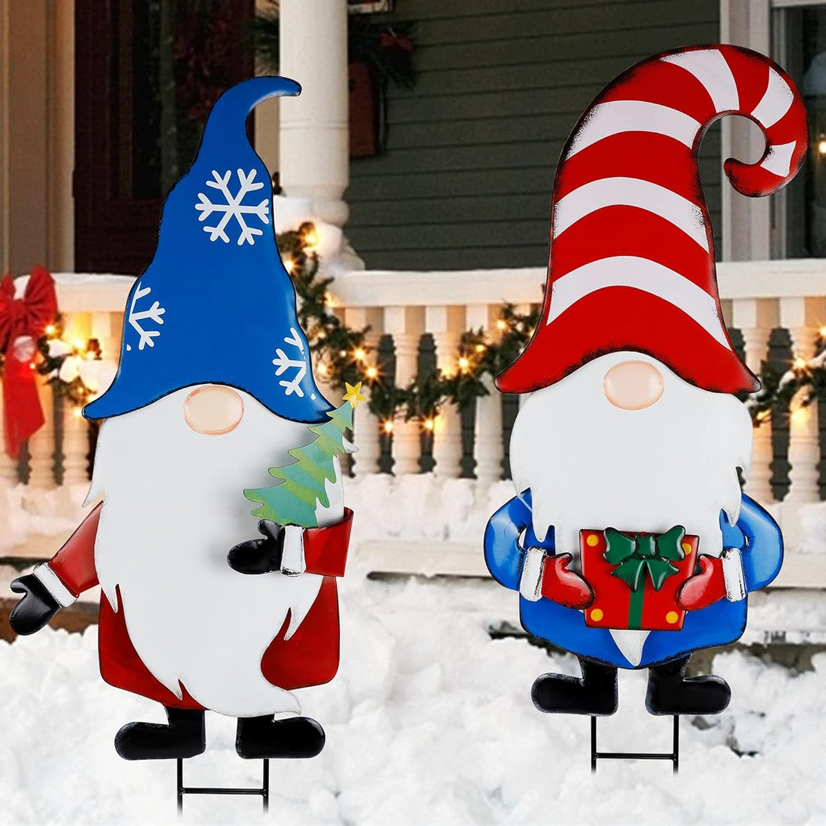 Hausse 2 Pack Garden Metal Gnome Stakes, 33 Inch Christmas Decorative Gnomes Stakes, Yard Signs for Outdoor Decorations, Holiday New Year Spring Home Tomte Decor for Lawn Pathway Patio