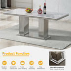 68 in Faux Marble Dining Table for 4-6, White Marble Dining Table with Silver Stainless Steel Base, Luxury Rectangular Dining Room Table for Kitchen, Living Room, Apartment, Family Meals, Dinner Party