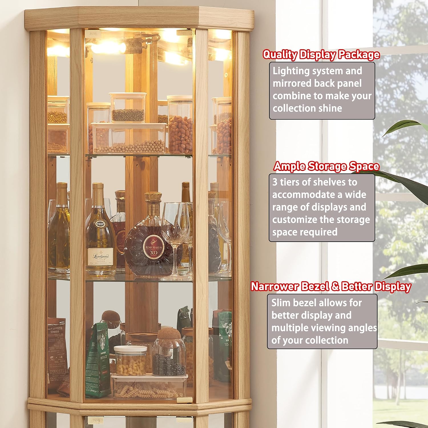 69" H Lighted Corner Display Cabinet, Curio Corner Glass Cabinet w/Adjustable Shelves & Glass Door, 5-Tier Wooden Storage Display Case w/Mirrored Back Pane for Living Room(Light Oak)