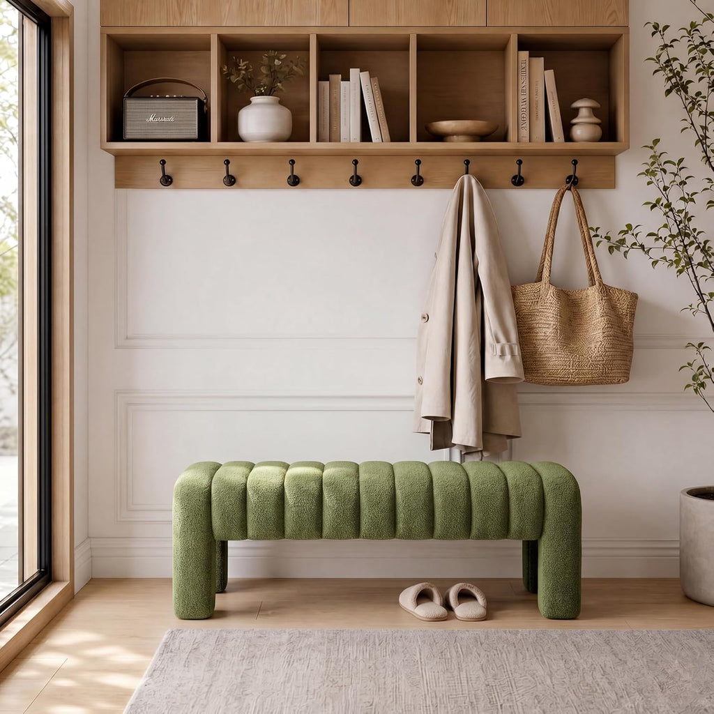 43’’ Bedroom Bench, Upholstered End of Bed Bench with Solid Wood Legs, Modern Small Dining Bench with Full Covered Fabrics for Entryway, Bedroom, Living Room (Green, Boucle)