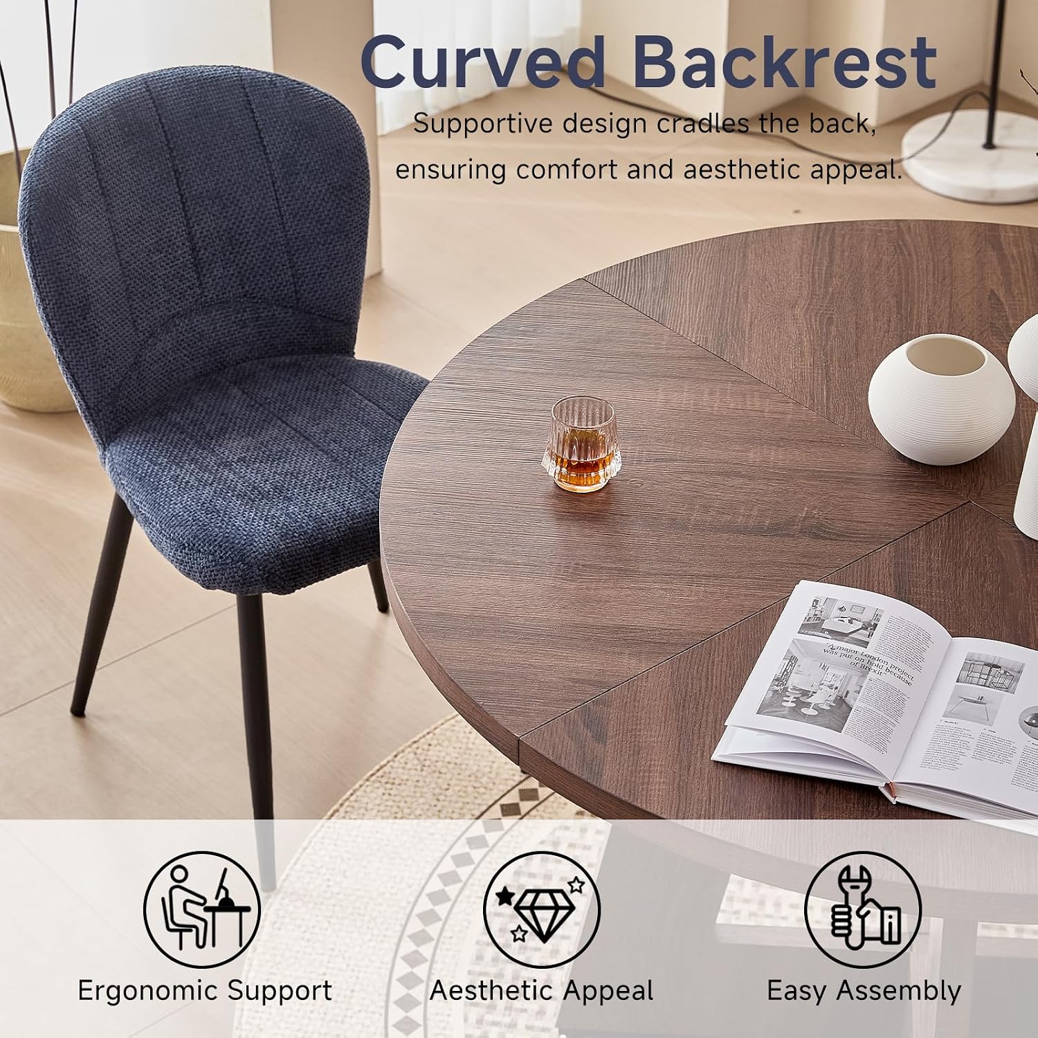 Dining Chairs Set of 4, Upholstered Chenille Fabric Kitchen Chairs with Wingback and Metal Legs, Elegant Tufted Accent Chair Vanity Chair for Dinner Bedroom Living Room, Blue