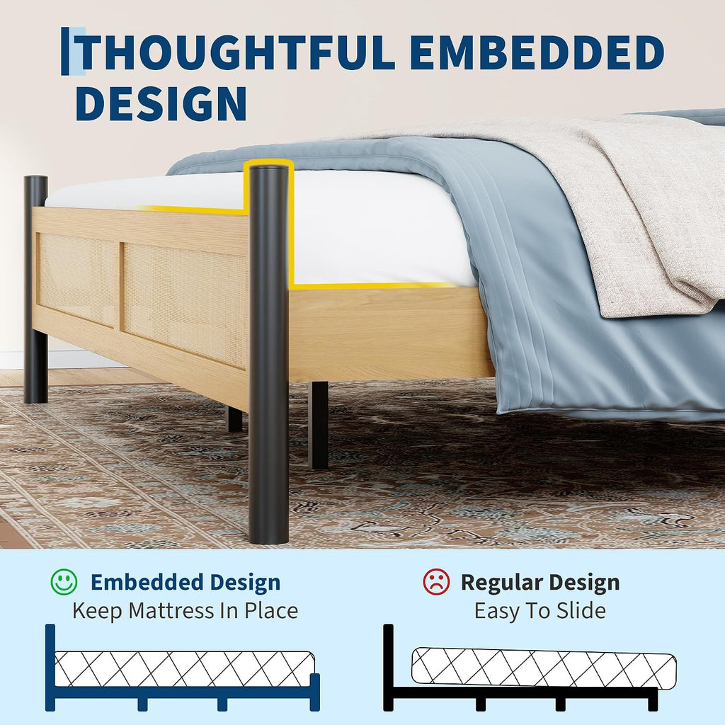 Rattan Queen Size Bed Frame, Wooden Platform Bed with Rattan Headboard