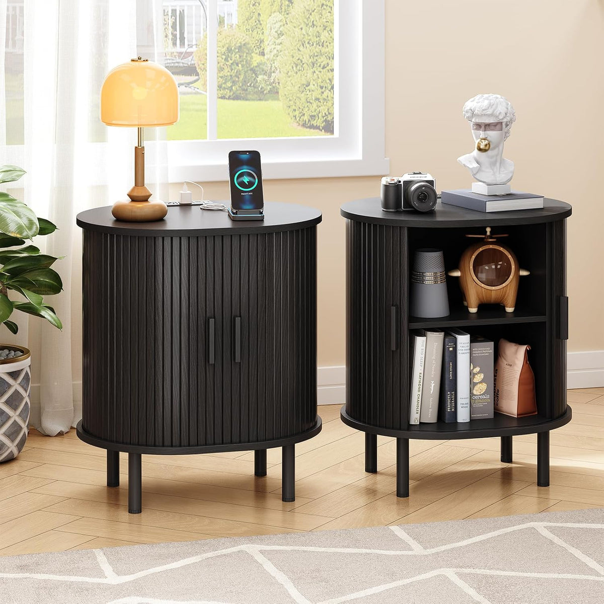 ONBRILL Oval End Table with Charging Station, Sliding Door, Black(2-Pack)