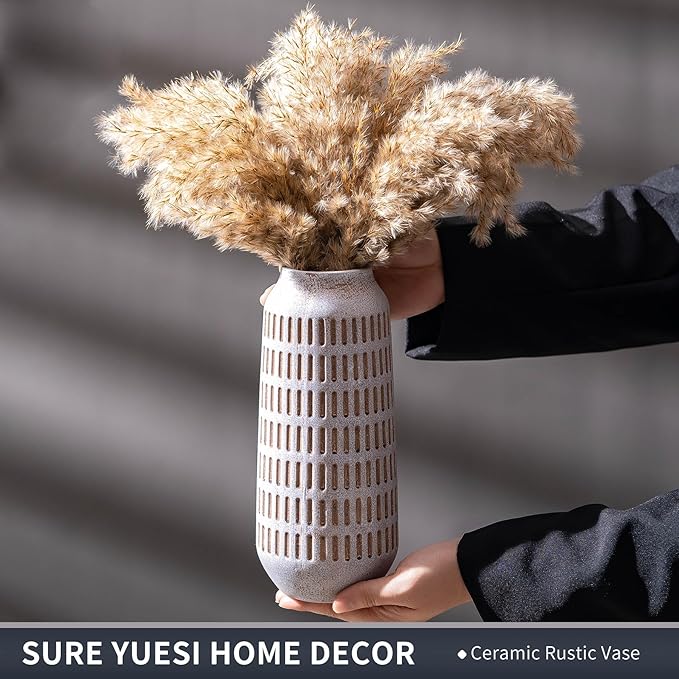 Rustic Ceramic Flower Vase, Terracotta Farmhouse Decorative Vintage Vases, Stone Clay Floral Vase, Concrete Grey Home Decor Vases for Living Room, Entryway, Kitchen, Bedroom, Bathroom Shelf 9.6 Inch