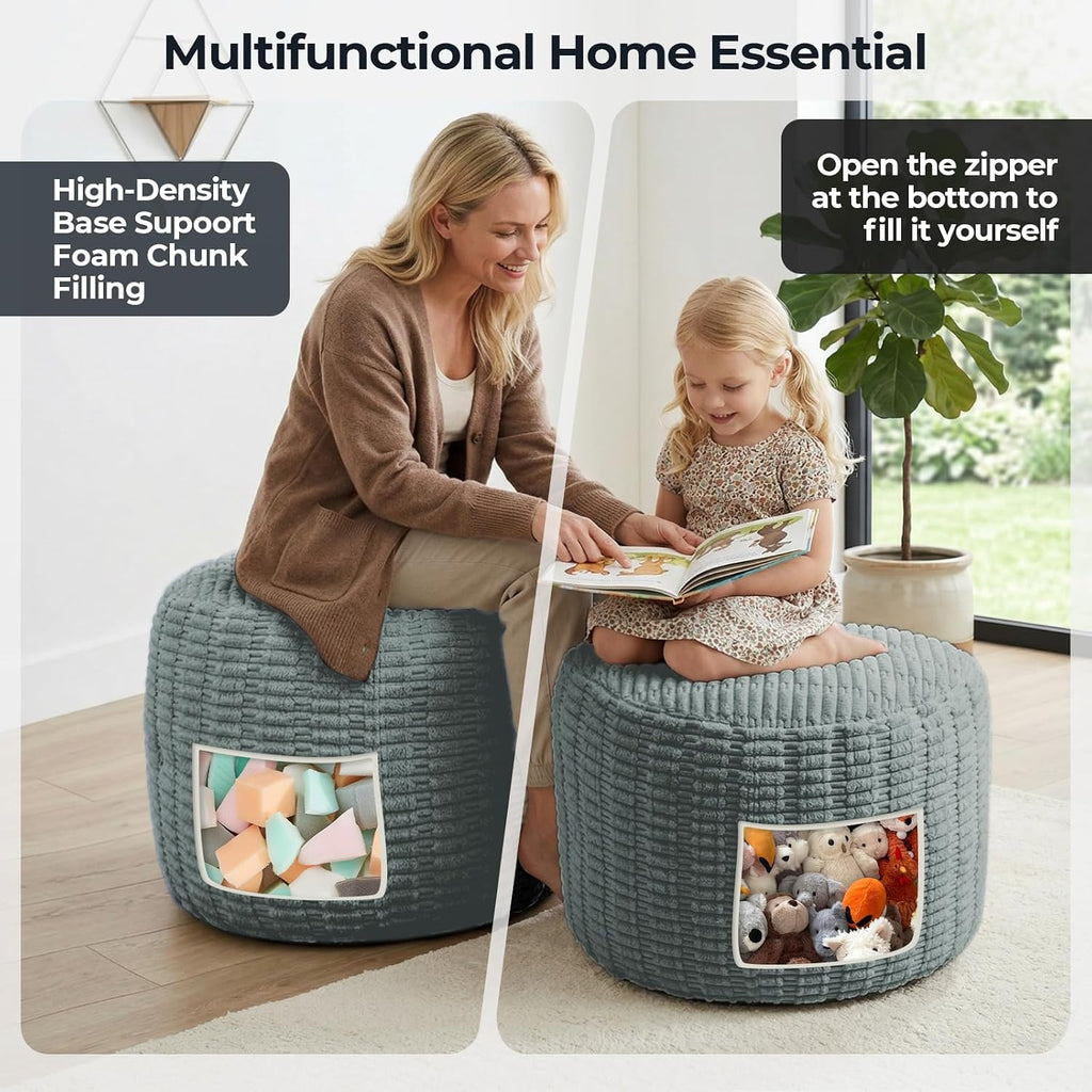 Round Pouf Ottoman Stuffed Corduroy Poufs Foot Rest with Foam Filling Fluffy Pouf Storage Ottoman Relax Stool for Living Room Couch 20 X 15 Inches, Haze Blue