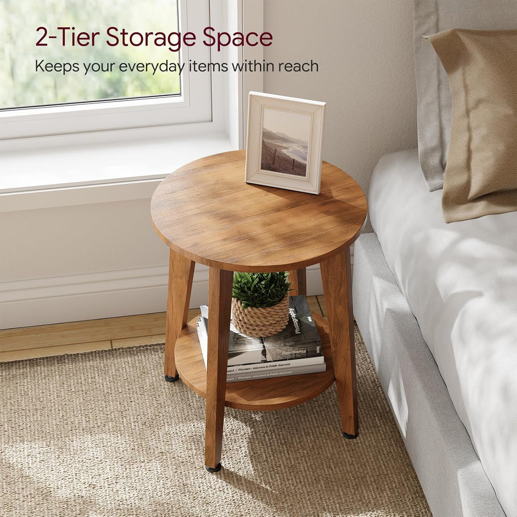 Simple Trending Round Side Table, Small End Table, Nightstand Bedside Table with Tapered Legs, for Living Room, Rustic Walnut