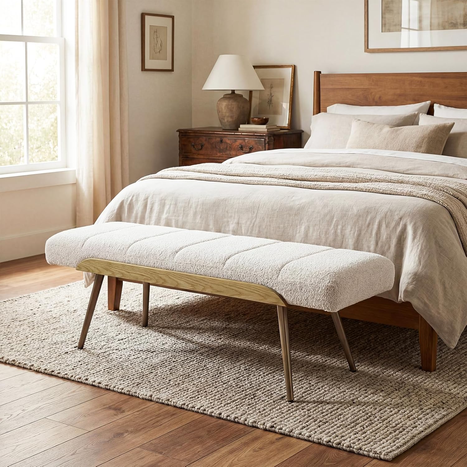 CIMOTA Mid-Century Modern Upholstered Bench, Upholstered Boucle Ottoman Bench with Solid Wood Trim and Bronze Metal Legs, 49.5" Accent Bench for Bedroom, Entryway, Living Room, End of Bed, Beige