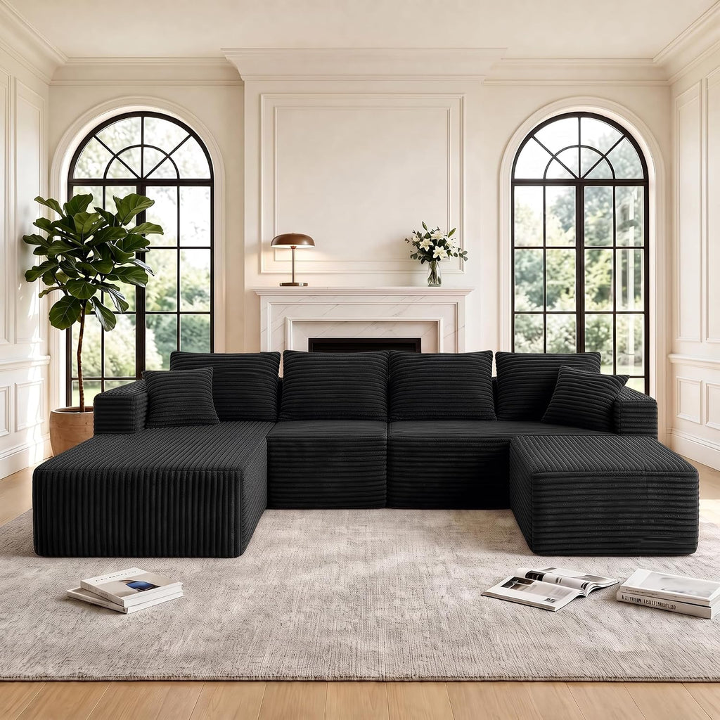 118" U-Shaped Sectional Couches for Living Room - Black | Modular Sectional Sofa with Chaise and Ottoman, High-Density 30D Memory Foam Cloud Couch, No-Assembly (Left Facing Chaise)