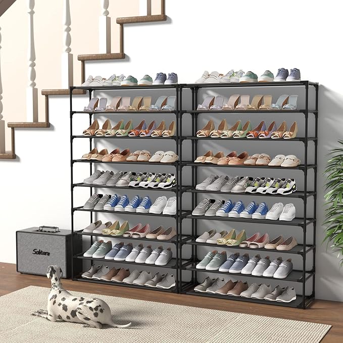 TY ARTS & CULTURE 2 Pack 9-Tiers Shoe Rack Organizer, Sturdy Metal Pipes & Durable Non-Woven Fabric, Space Saving Tall Shoe Shelf Hold 72-90 Pairs, Shoe Rack for Entryway (Black)