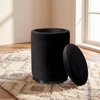 Boahaus Modern Black Suede Vanity Stool with Hidden Storage, Soft Cushioned Seat & Footrest Ottoman for Bedroom, Makeup Vanity, or Living Room – 17” Height