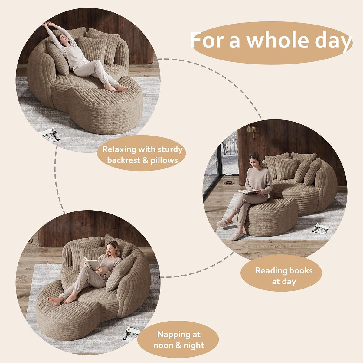50.5" W x 67" D Oversized Chaise Lounge Chair with Ottoman,Light Camel | 38D Sponge,Round Reading Chair Luxury Plush Cloud Circle Sleeper for Living Room Bedroom, 5 Pillows,Corduroy