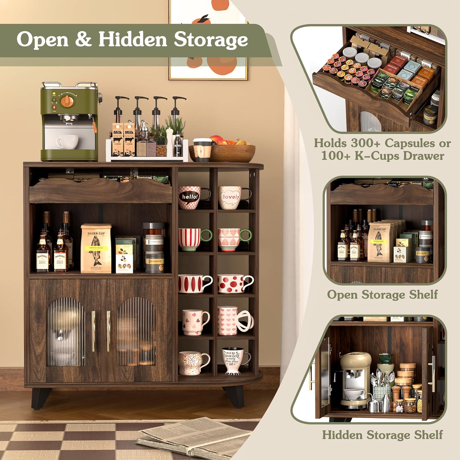 VINAEMO Coffee Bar Cabinet with 24-Cup Display, Large Drawer & Storage,Modern Buffet Sideboard for Kitchen, Medium Wooden Bar Station for Apartment，Walnut
