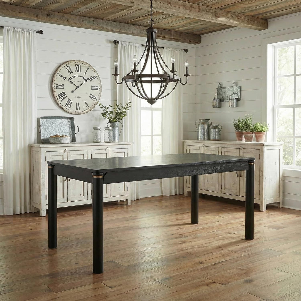 Hyfirm 63 Inch Black Solid Wood Dining Table for 4-6, Mid Century Modern Rectangular Dining Table with Gold Ring Decoration, Farmhouse Dinner Table for Dining Room Restaurant