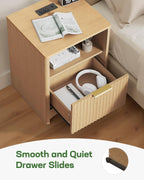 Marsail Fluted Nightstand with Charging Station, Adjustable Bedside Table with USB & AC Ports, 1 Drawer End Table, Wood Grain Finish, Sleek Wide Handle, Perfect for Bedroom, Natural Oak