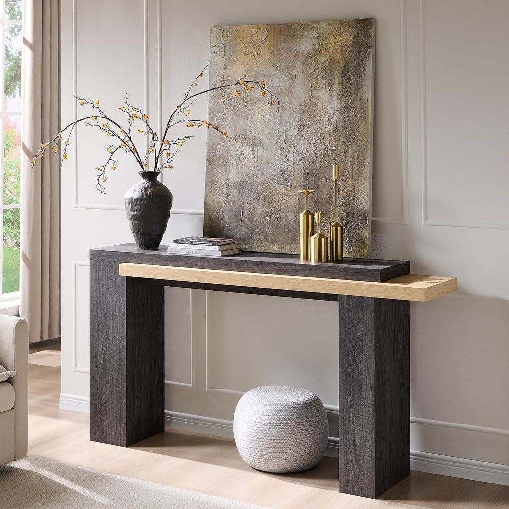OKD 63" Geometric Console Table with Layered Top, Natural Oak & Dark Alder | Extended Layered Top, Sturdy Support Legs, Entryway, Hallway, Foyer, Living room, Behind Sofa