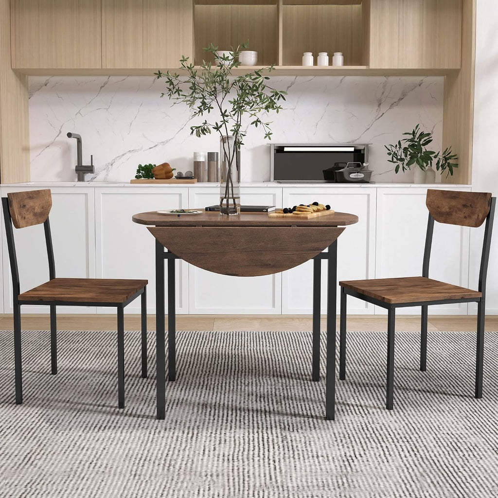 Merax 3-Piece Foldable Dining Table Set for 2 with Drop Leaf Tabletop and Two Chairs for Small Places, Kitchen, Living Room, Apartment, Rustic Brown