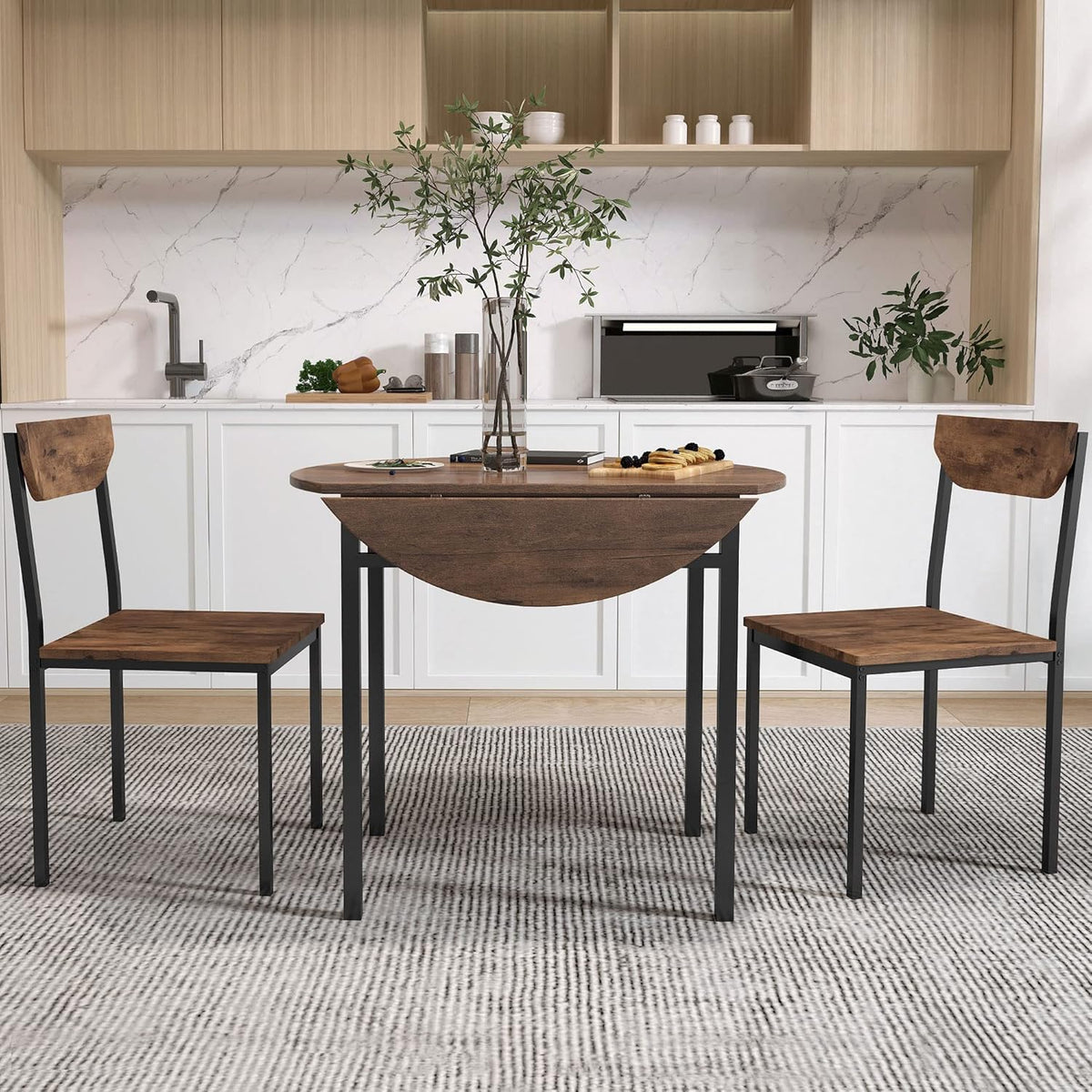 Merax 3-Piece Foldable Dining Table Set for 2 with Drop Leaf Tabletop and Two Chairs for Small Places, Kitchen, Living Room, Apartment, Rustic Brown