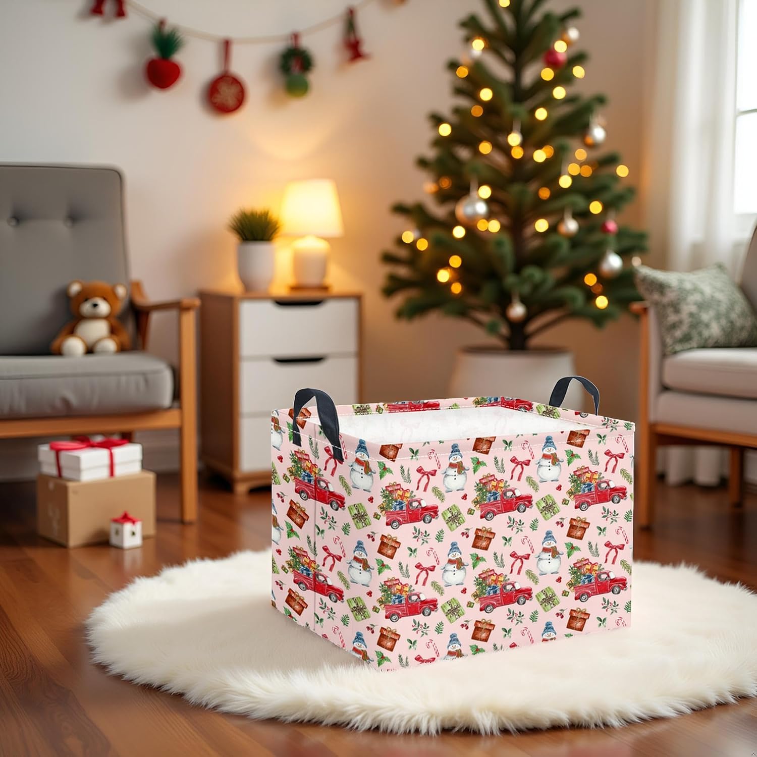 Rectangular Christmas Basket Waterproof Storage Bin for Bedroom Collapsible Bin Books Box Basket Room Decor(Pink Christmas)