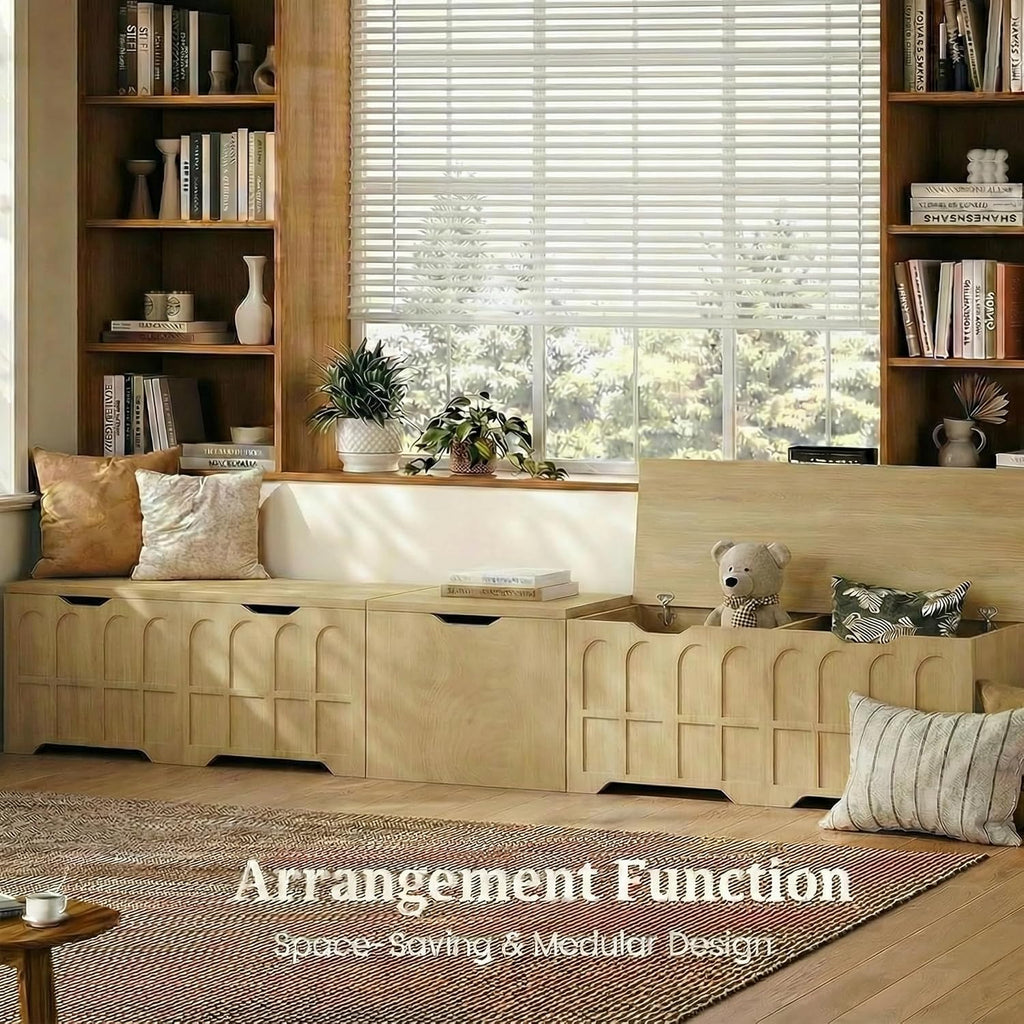 63" L-Shaped Bench with Cushion & Arched Doors, Breakfast Nook Benches with Hidden Storage, Kitchen Corner Dining Bench Seating for Entryway, Dining Room Kitchen, Natural Oak