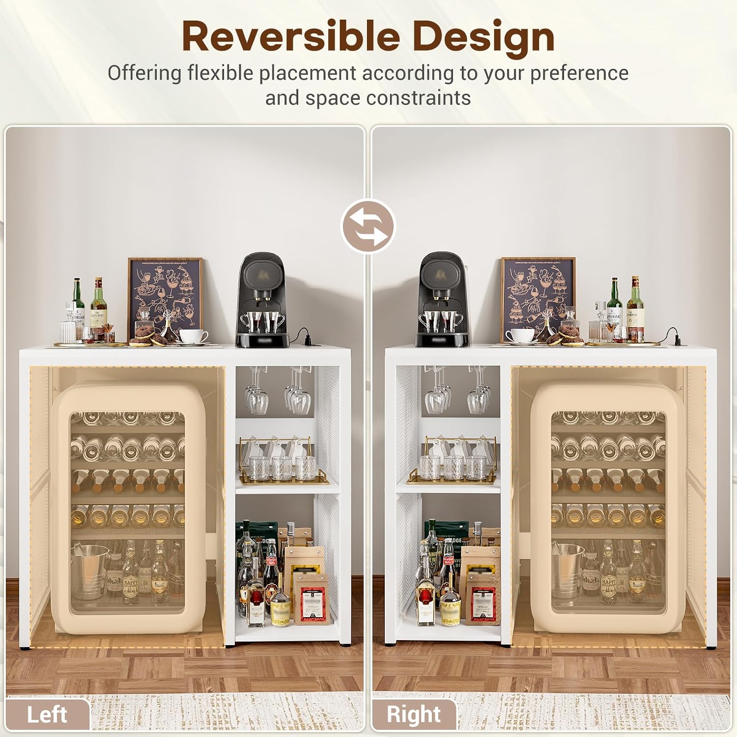 Homieasy Mini Fridge Cabinet with Power Outlet, Coffee Bar Cabinet, White | Mini Fridge Space, Industrial Liquor Cabinet with Wine Storage & Glass Holder for Dorm, Living Room, Home Kitchen