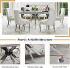 7 Piece Kitchen & Dining Room Set, Luxurious 70" White Large Marble Dining Table with Beige Velvet Cushion Chairs for Living Room, Kitchen (1 Silver-Base Table, 6 Chairs)