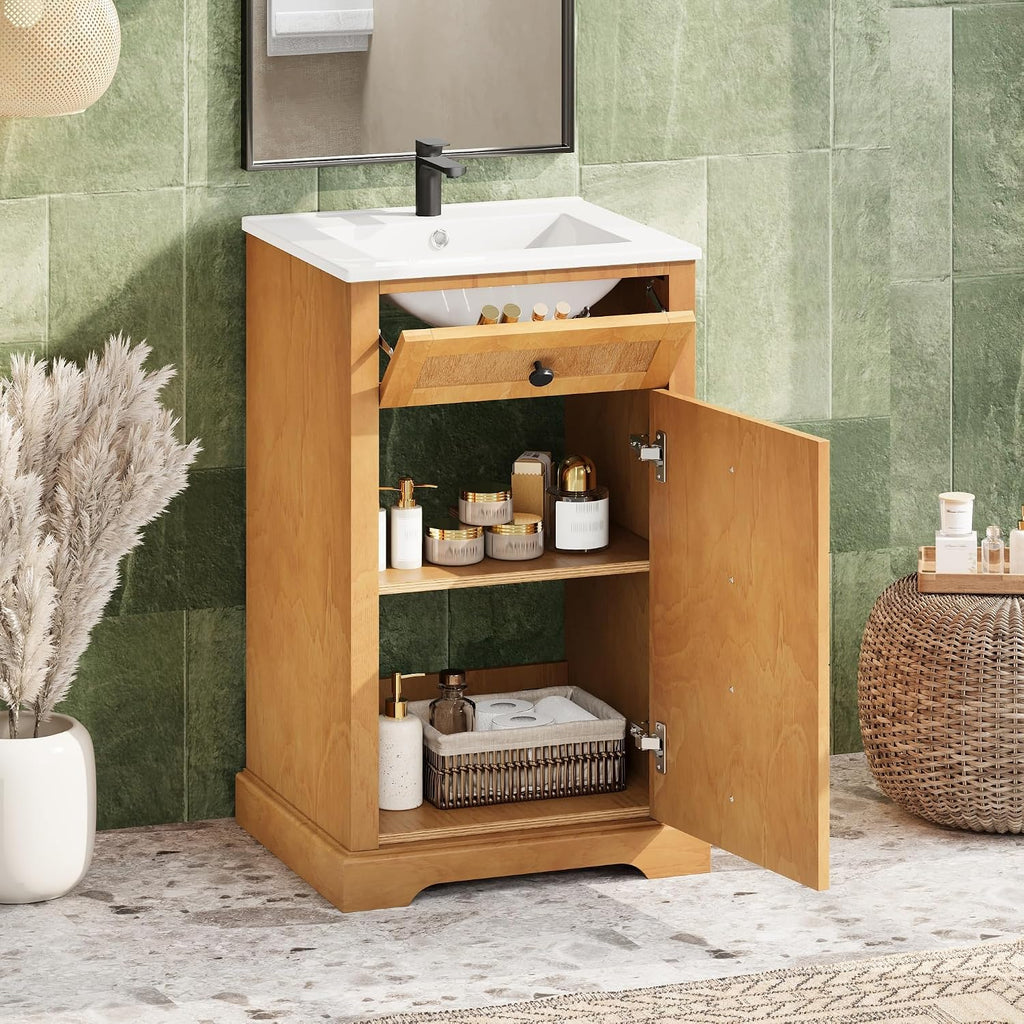 JIVOIT 20" Bathroom Vanity with Integrated Ceramic Sink, Wood Bathroom Cabinet with Adjustable Shelf, Soft-Closing Door, Solid Wood Bottom Frame for Small Space