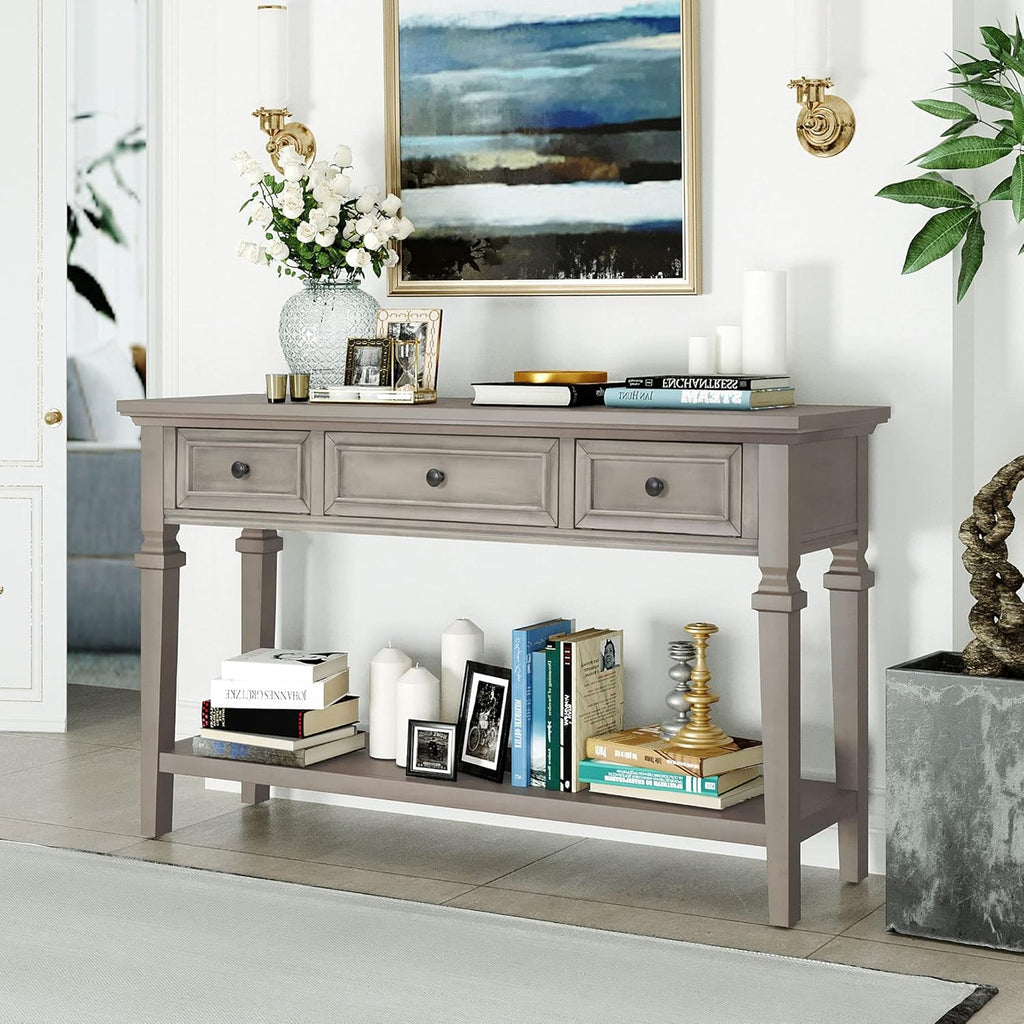 Knocbel 50" Retro Style Console Table Solid Wood Frame Sofa Table with Bottom Open Shelves and 3 Top Storage Drawers Entryway Table for Living Room, Coffee Bar, Hallway, Front Hall