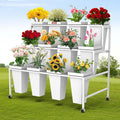 3 Layers Flower Display Stand with Buckets, 12 PCS Buckets Plant Stand with Wheels, Movable Metal Plant Stand for Terrace Garden, Living Room, Florist Shop