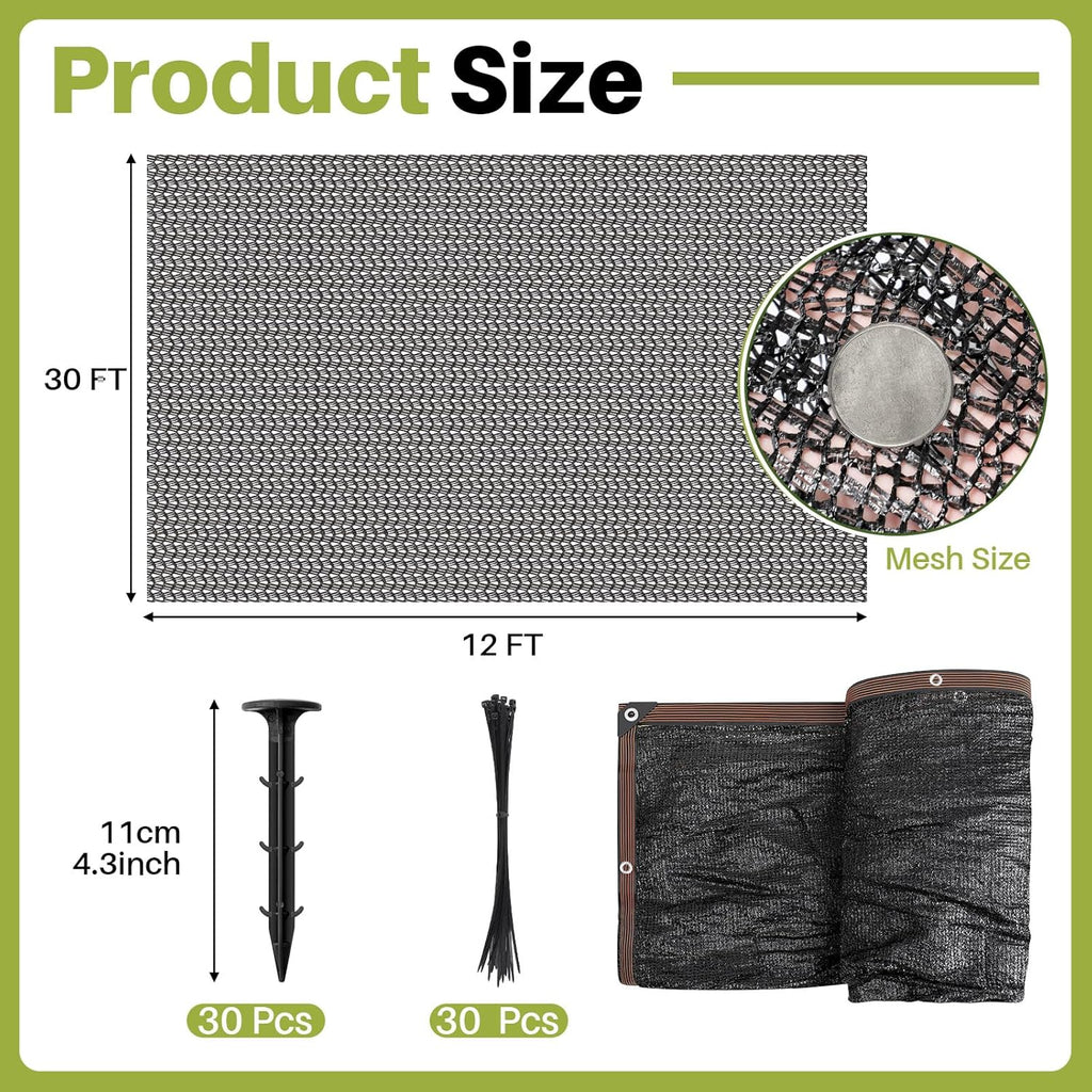 Koi Pond Netting Kit 12 x 30ft, Heavy-Duty Pe, Bird Deer Fence Netting, Durable Net Cover for Leaves, Protect Fish from Blue Heron Bird, Cats & Predators, Stakes & Ties Included