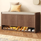 HOMEFORT 39.4" Fluted Shoe Storage Bench, Entryway Bench with Linen Seat Cushion, Shoe Cabinet Bench with Adjustable Shelf and Built-in LED Sensor Light, Bench for Bedroom End of Bed,Walnut