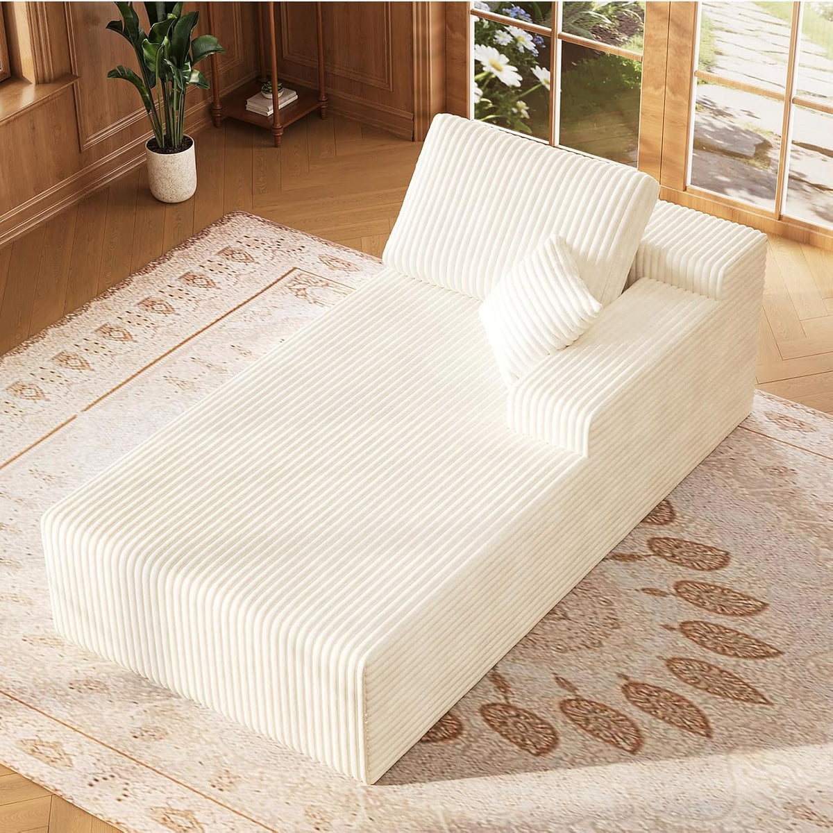 67" Sofa Bed, Chaise Lounge Chair, Plush Corduroy Upholstered Sofa Couch Bed with Pillows, Lazy Chair for Living Room Bedroom Guest Room (White, Right Facing Chaise)