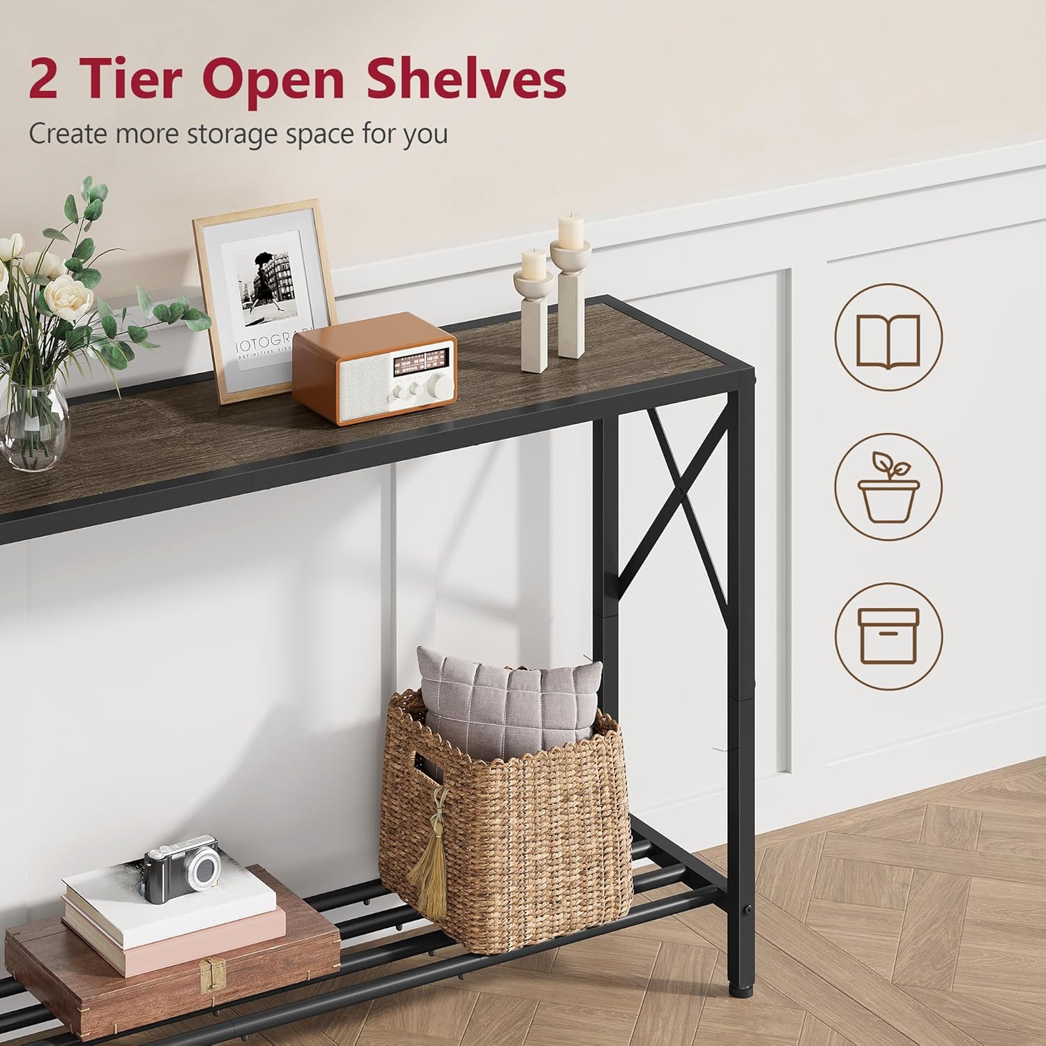 Tajsoon Industrial Console Table 41.8", 2 Tier Entryway Table with Storage Shelves, Narrow Sofa Table with Stable X-Frame, for Living Room, Hallway, Foyer, Office, Dark Grey