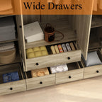 WOODTIME Rattan Armoire Wardrobe Closet with 7 Shelves, 5 Drawers & Hanging Bars, 59" L Wooden Wardrobe Clothes Storage Cabinet for Bedroom, Guest Room, Brown
