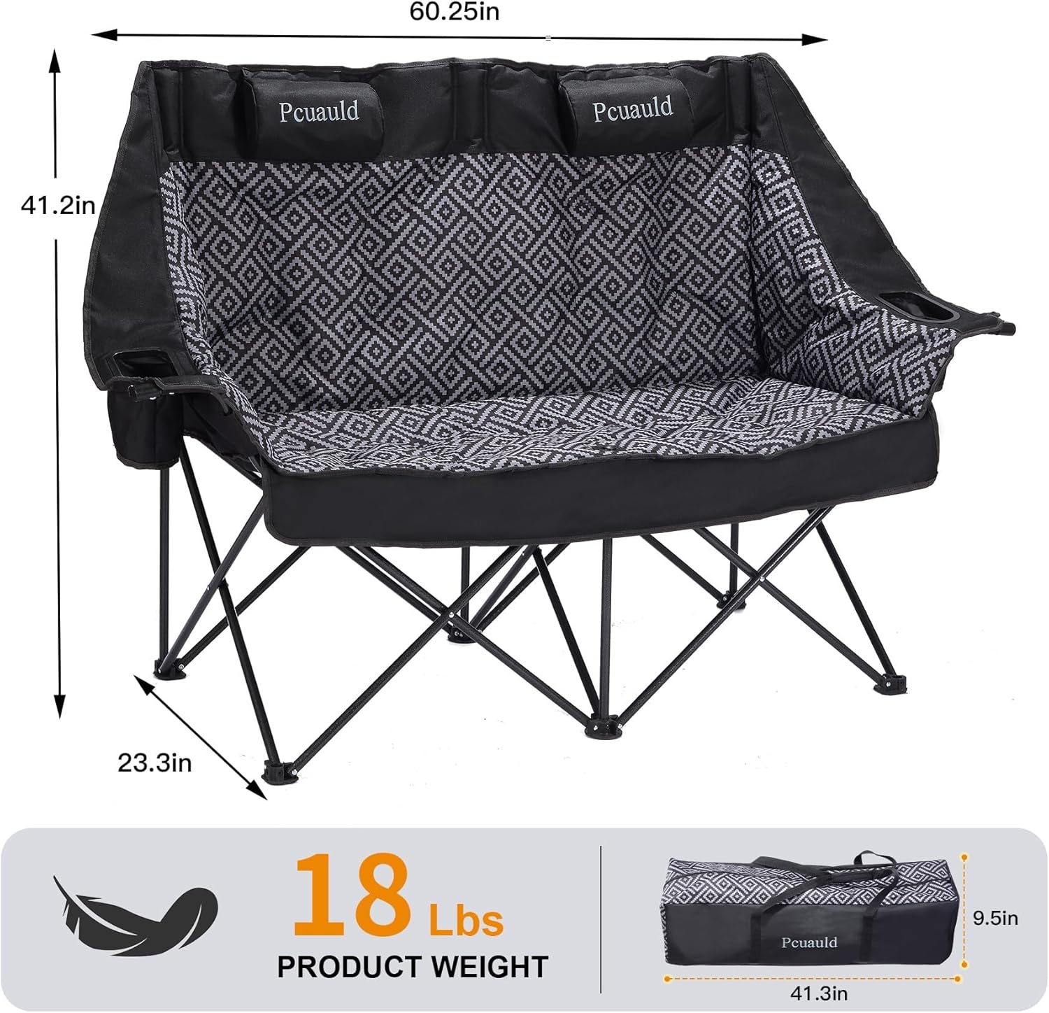High Back Double Camping Chair Padded Folding Loveseat with Adjustable Pillows Heavy Duty 2 Person Camping Lawn Chairs for Adults with Cup Holders & Wine Racks for Outdoor Sports Beach Fishing