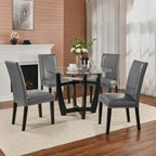 PADMA HOUSE Round Glass Dining Table Set for 4, 45in Modern Kitchen Small Wood Dinner Table with 4 Parsons Leather Dining Chairs 5 Piece Dining Room Table Chair Set, Clear&Grey