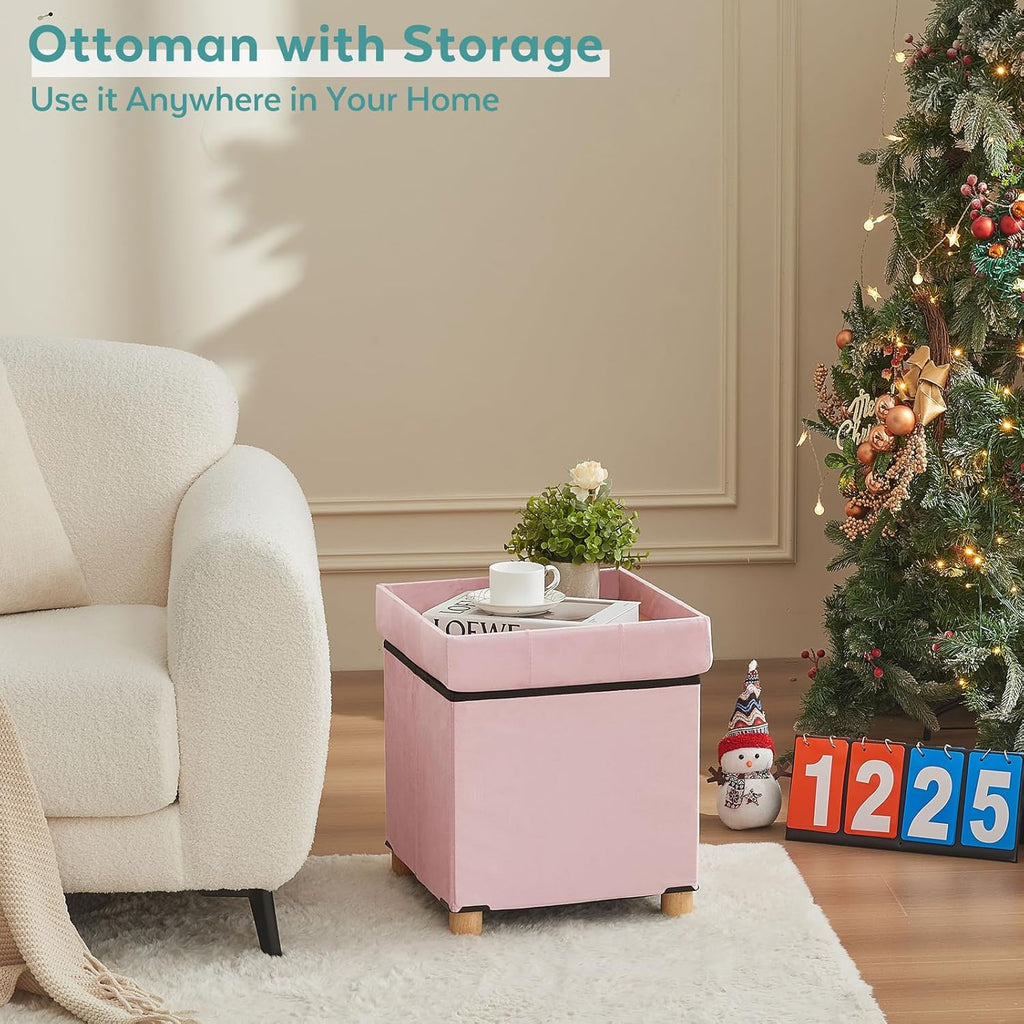 BRIAN & DANY 15" Small Ottoman with Storage Cube, Square Storage Ottoman Foot Stool with Wood Legs, Velvet Ottomans for Living Room, Bedroom, Dorm, Pink