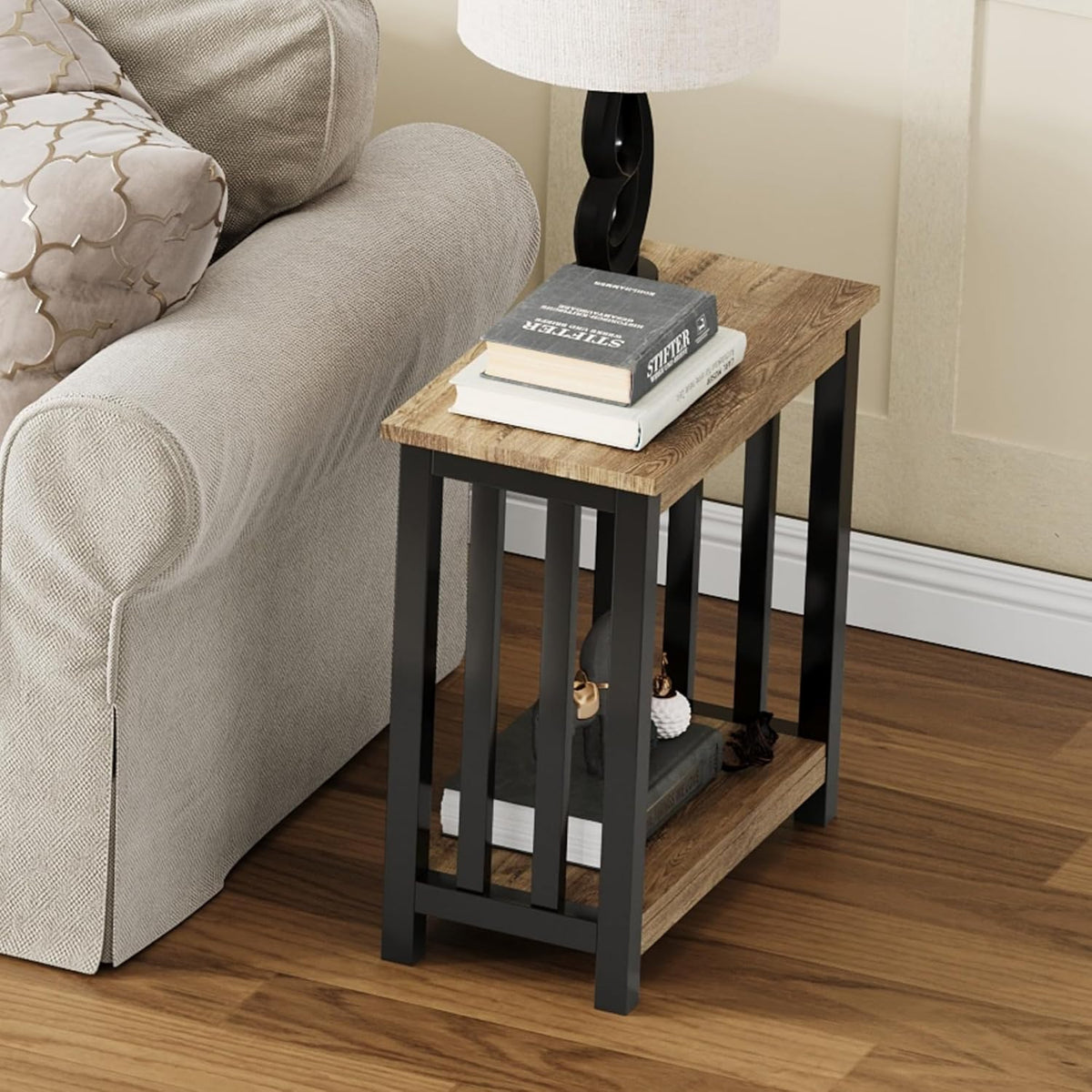 ChooChoo Mission End Tables Set of 2, Narrow Side Tables for Small Spaces, Night Stands with Storage Shelf for Living Room and Bedroom, Rustic Oak & Black