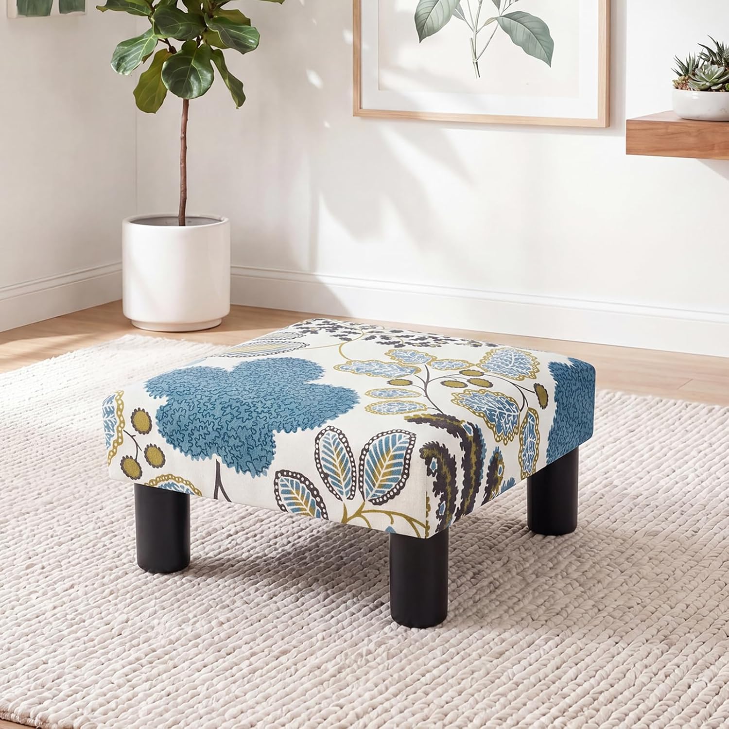 Joveco Small Foot Rest Stool Ottoman, Square Upholstered Fabric Footstool for Couch, Under Desk, Office, Living Room, Blue Floral