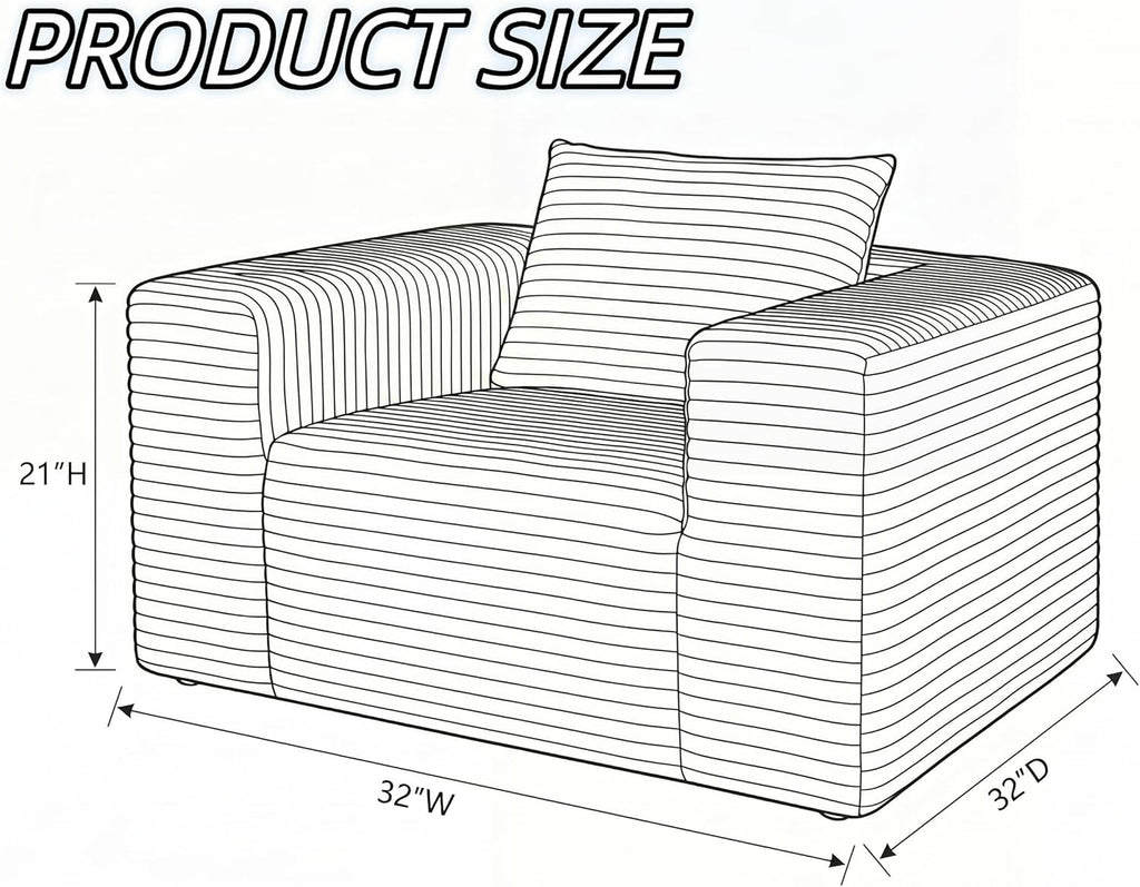 Mini Single Sofa Chair, Corduroy Cloud Couch with Pillow & Wide Armrests, High-Density Foam Reading Lounge for Living Room & Bedroom – No Assembly Required, Black