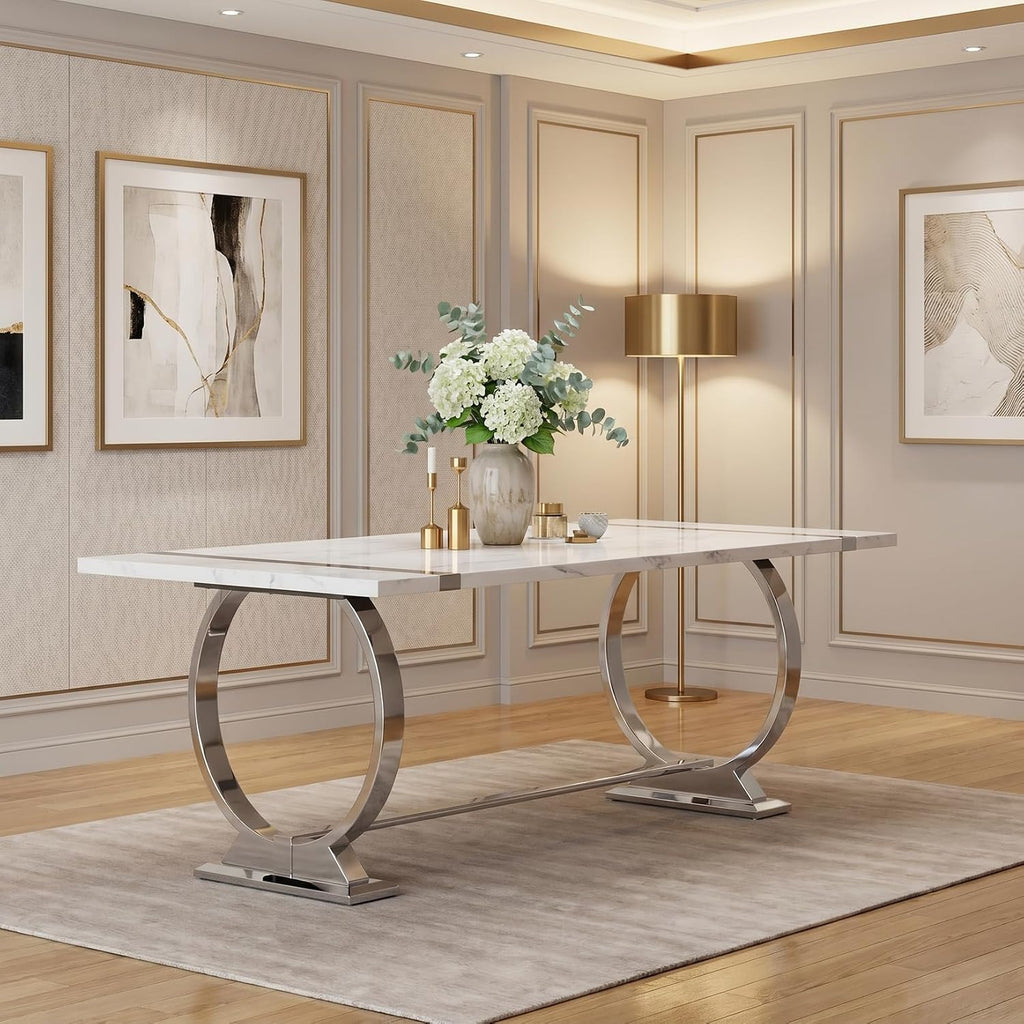 BQueen 78 inch White and Silver Dining Table for 4-8, Luxury Modern White Large Kitchen Table with Chrome Stainless Steel U-Base for Dining Room Kitchen Apartment