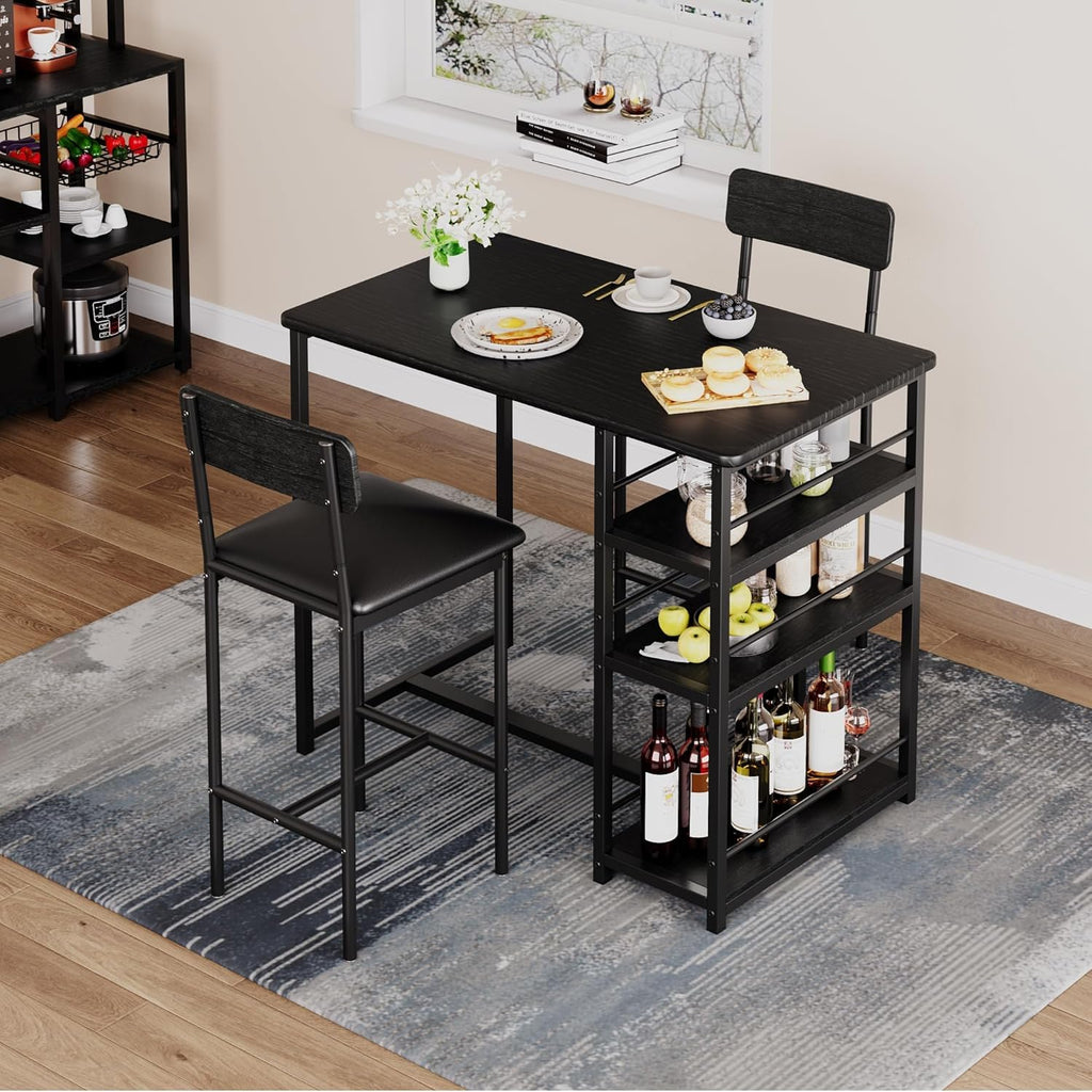 Bar Table and Chair Set with Three Shelves Small 2-Person Dining Table with 2 upholstered stools with backrests Suitable for Restaurants and bistros -Black