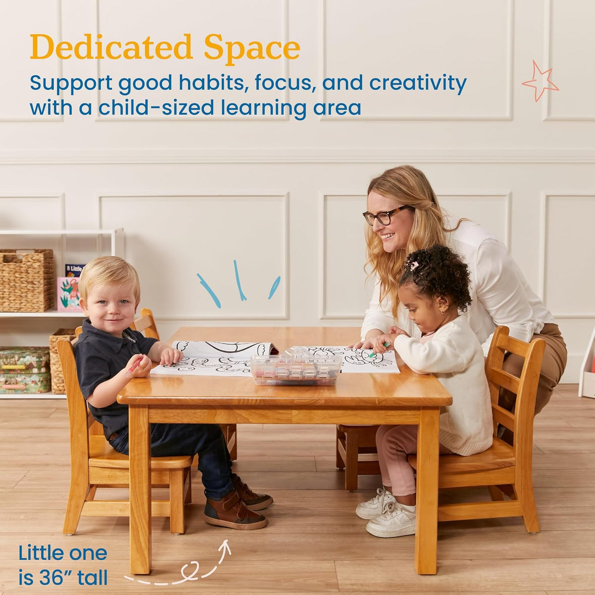 ECR4Kids 30in x 48in Rectangular Hardwood Table with 16in Legs and Four 8in Chairs, Kids Furniture, Honey, 5-Piece | Durable rubberwood, GREENGUARD Gold Certified, ANSI/BIFMA Compliant, 2-3 years, 74 lb seat capacity, classroom & home use
