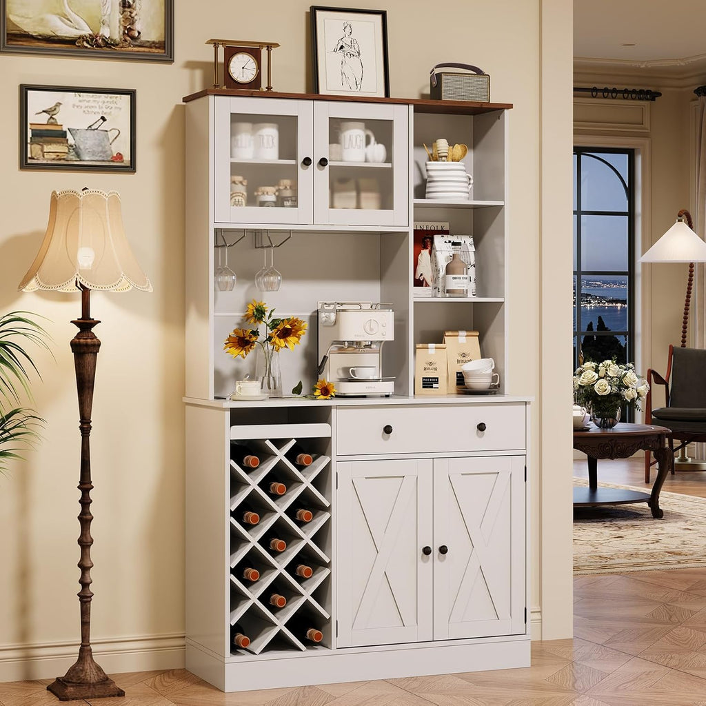 71" Kitchen Pantry Cabinet with Wine Bottle Rack and Charging Station Tall Pantry Storage Cabinet with Adjustable Shelves and Door Shelves Modern Kitchen Hutch with Microwave Stand and Countertop