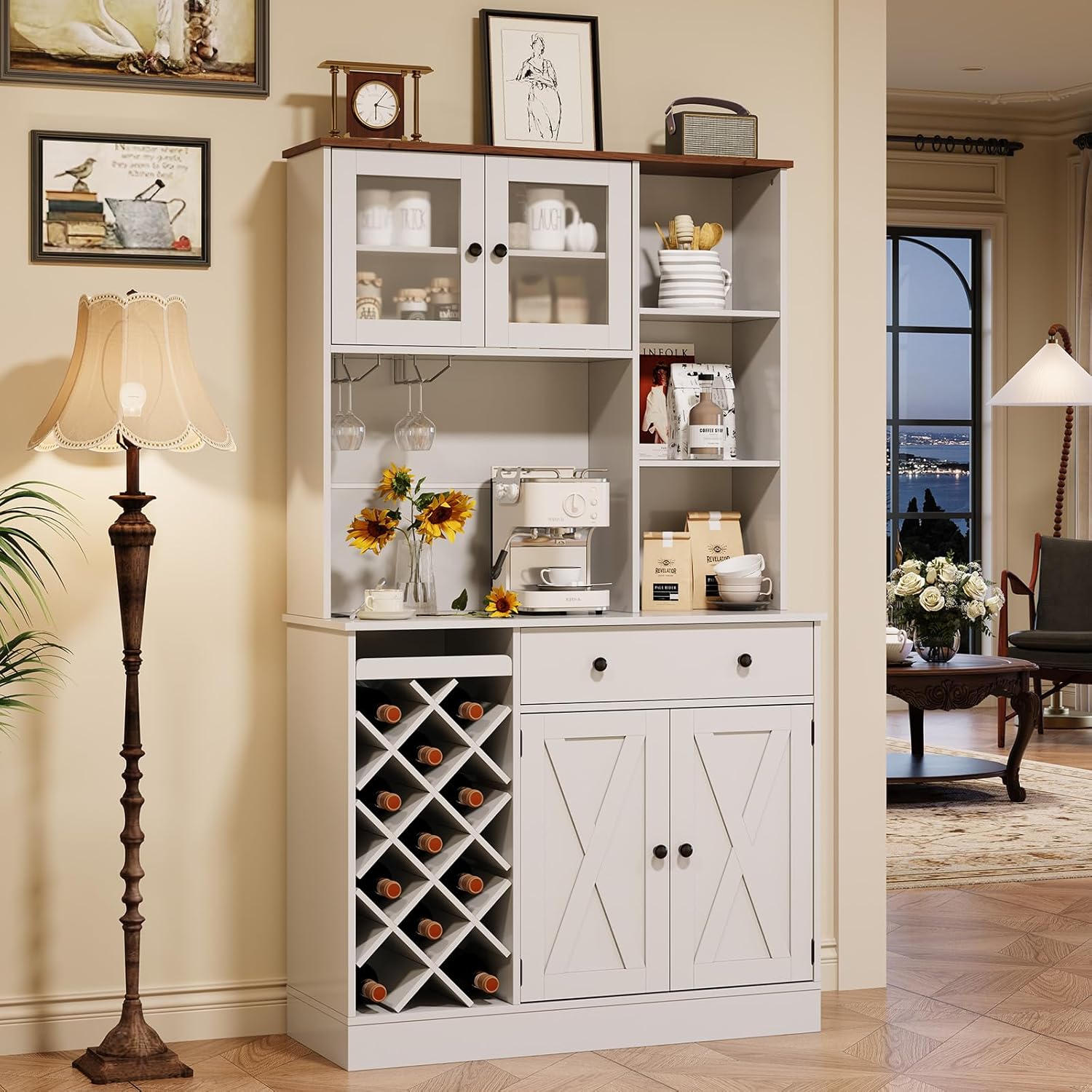 71" Kitchen Pantry Cabinet with Wine Bottle Rack and Charging Station Tall Pantry Storage Cabinet with Adjustable Shelves and Door Shelves Modern Kitchen Hutch with Microwave Stand and Countertop
